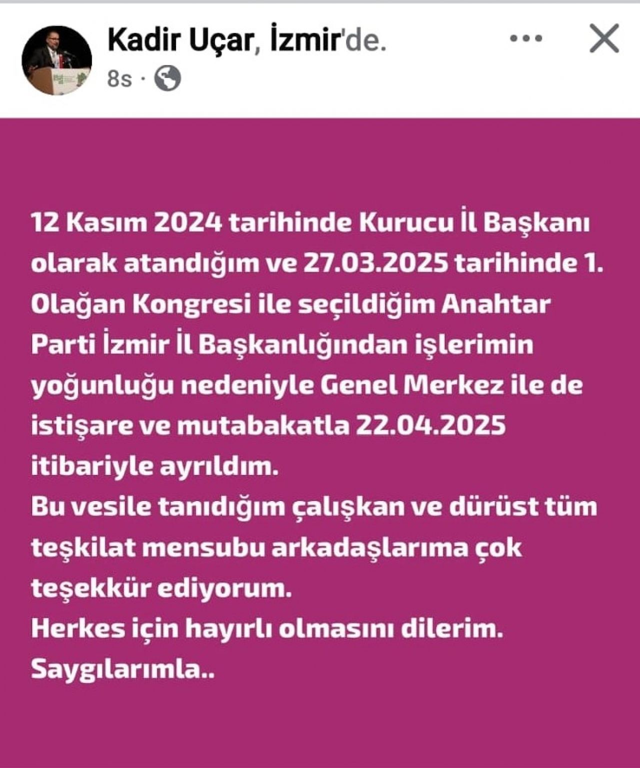 Anahtar Parti'de şok istifa! İzmir İl Başkanı Kadir Uçar istifa etti