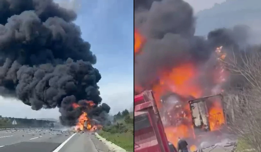 Kuzey Marmara Otoyolu'nda tır yangını: Patlamalar yaşandı, yol trafiğe kapatıldı!
