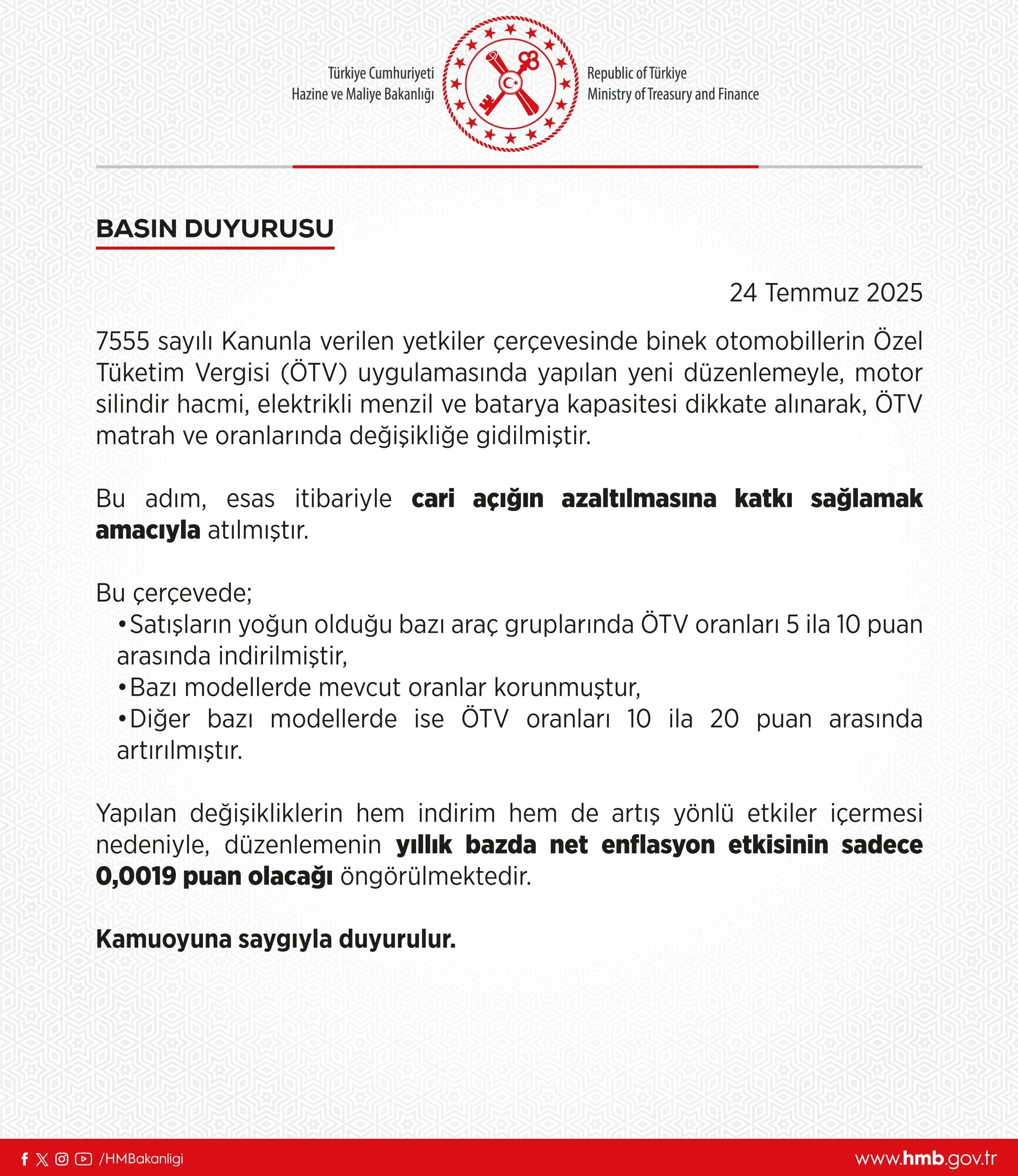 Hazine Ve Maliye Bakanlığı Basın Duyurusu