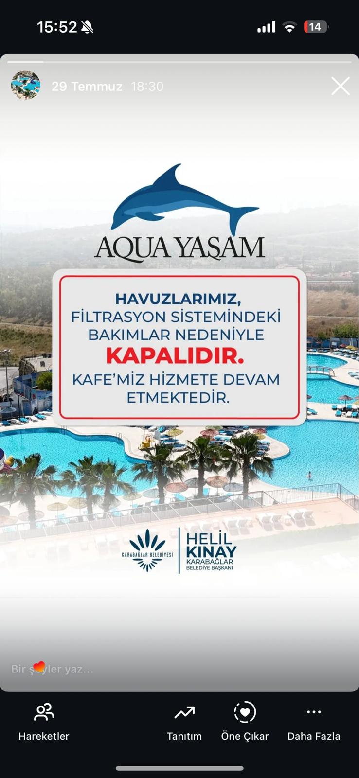 29 Temmuz Havuzların Kapalı Olduğunun Duyurusu