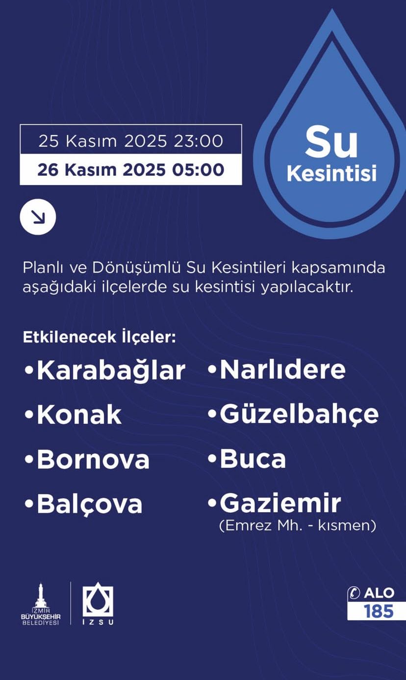 İzmir’in 9 Ilçesinde Planlı Su Kesintisi Yapılacak. Gece Yarısı Başlayacak Kesinti Saatlerce Sürecek. İşte Etkilenecek Ilçeler Ve Saatler…