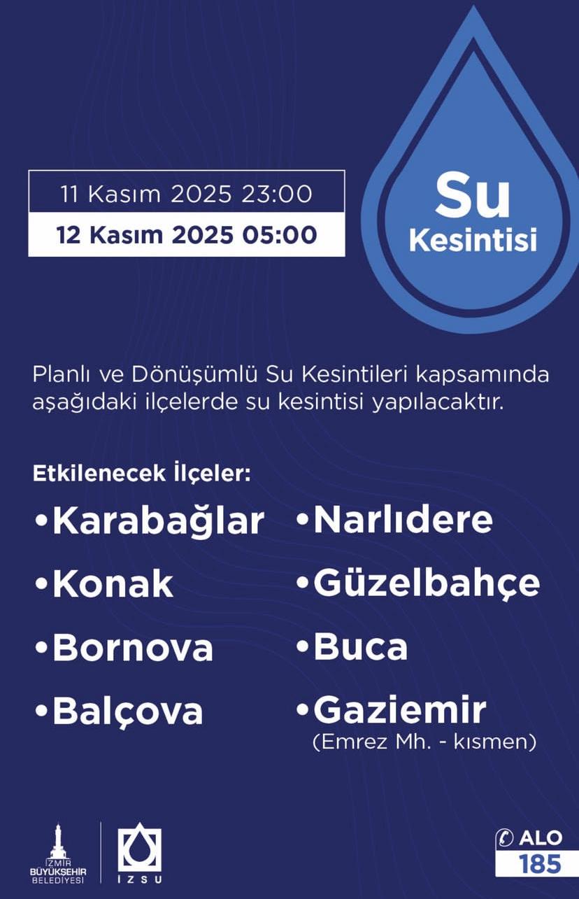 İzsu’dan Yapılan Açıklamaya Göre, 11 Kasım 2025 Pazartesi Gecesi İzmir’in Tam 8 Ilçesinde Planlı Ve Dönüşümlü Su Kesintisi Yaşanacak.