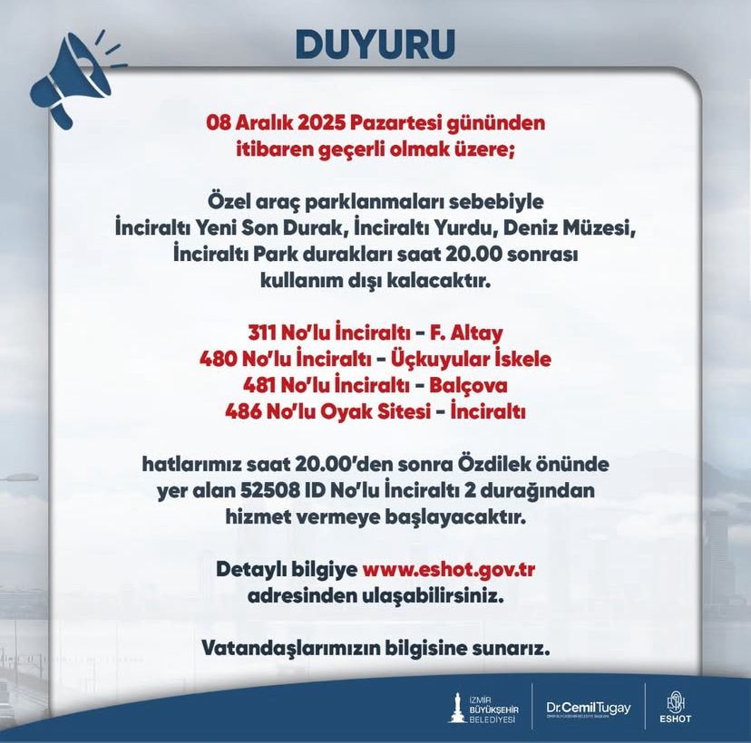 Eshot Duyurdu 20.00 Sonrası Duraklar Değişiyor!