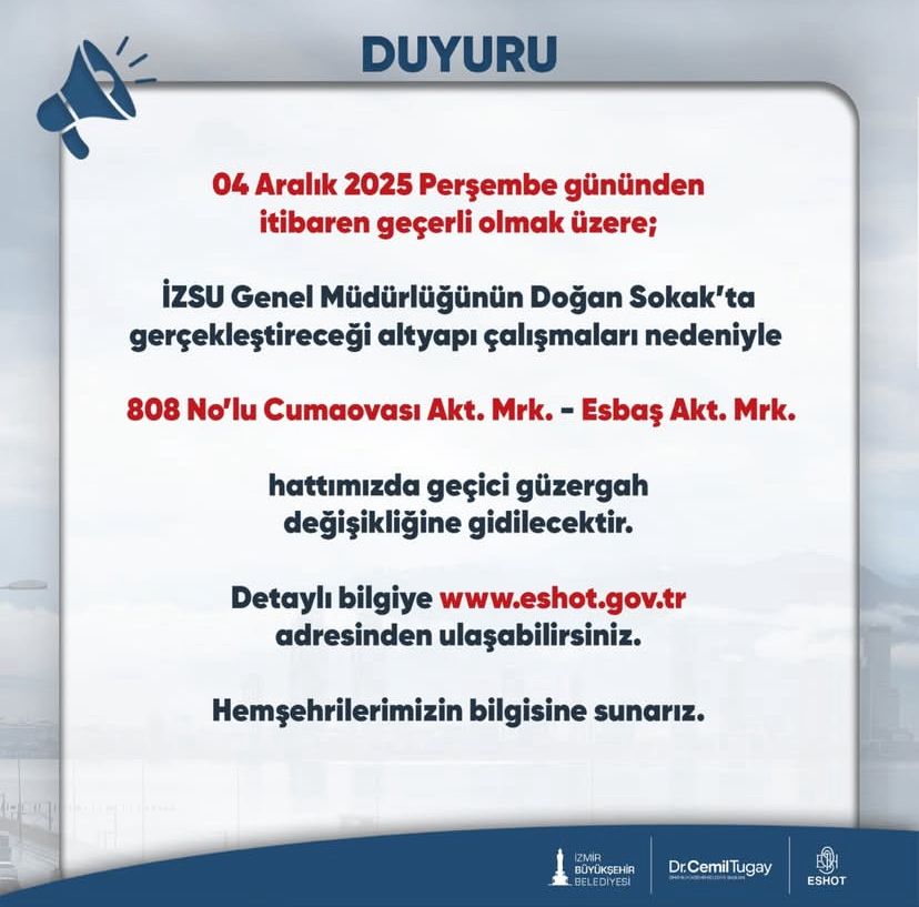 Eshot Duyurdu! 4 Aralık’tan İtibaren Güzergahı Değişecek