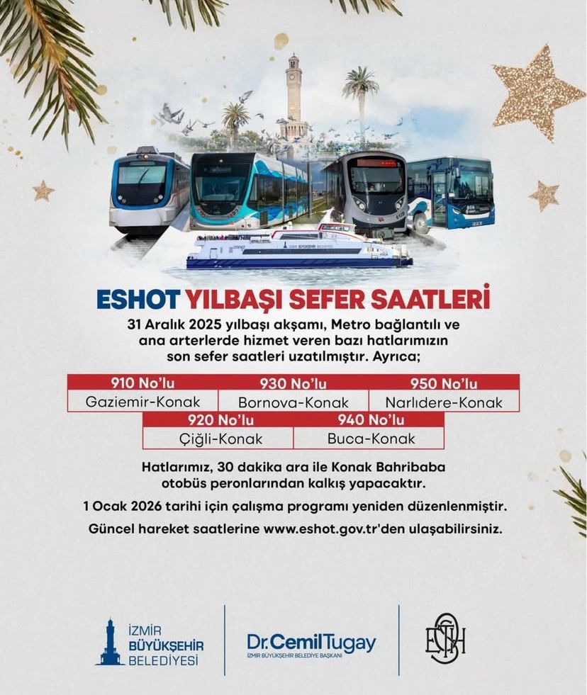 İzmir Büyükşehir Belediyesi, 31 Aralık 2025’I 1 Ocak 2026’Ya Bağlayan Yılbaşı Gecesi Için Toplu Ulaşımda Kapsamlı Bir Düzenlemeye Gitti. (1)