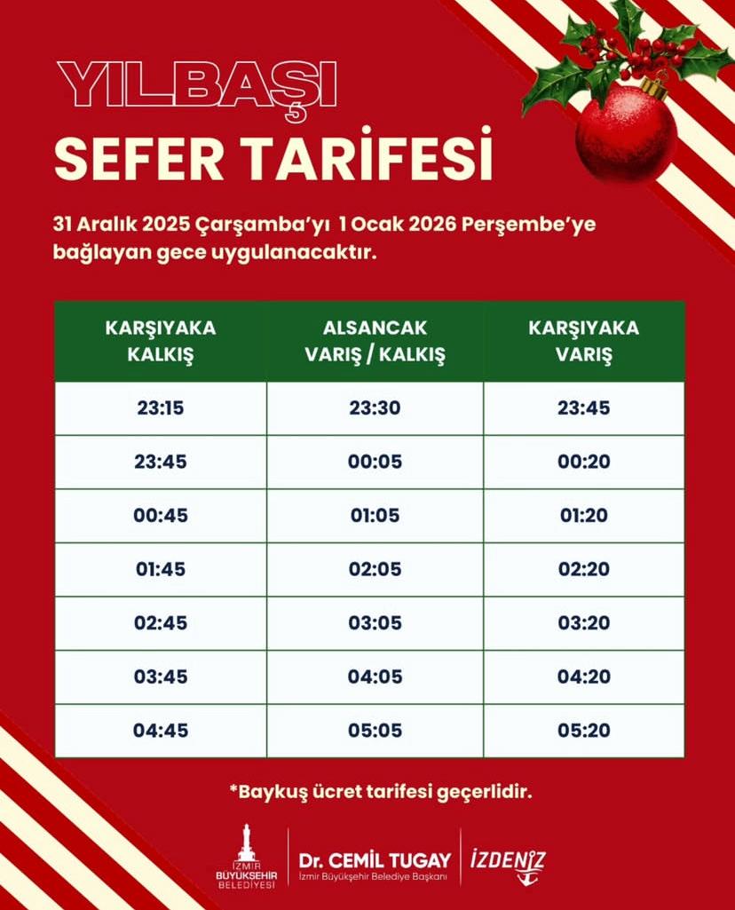 İzmir Büyükşehir Belediyesi, Yılbaşı Gecesi Toplu Ulaşımda Aksamaların Önüne Geçmek Ve İzmirlilere Güvenli Ulaşım Sağlamak Amacıyla Özel Sefer Tarifesi Açıkladı.