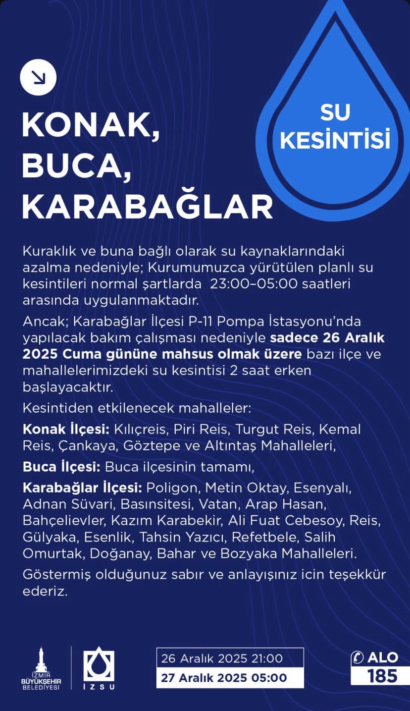 İzmir’de 3 Ilçede Geniş Kapsamlı Su Kesintisi Bu Akşam Başlıyor. Normalde 23.00’Te Başlayan Kesinti, Bu Kez Saat 21.00’De Başlayacak. Vatandaşların Mağduriyet Yaşamaması Için Önlem Alması Gerekiyor.