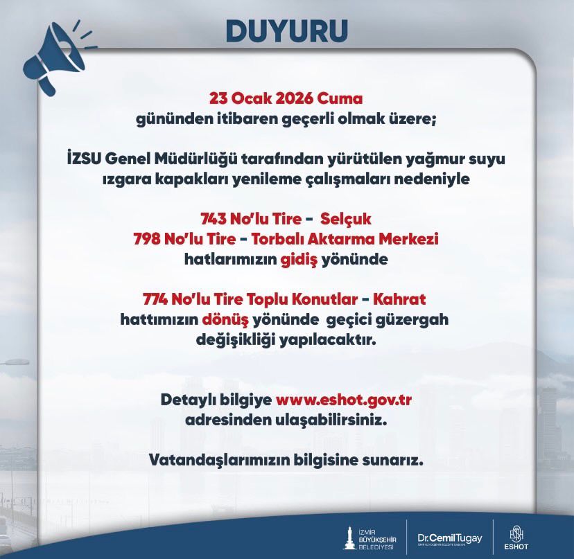 Eshot Duyurdu Bazı Otobüs Hatlarında Geçici Değişiklik