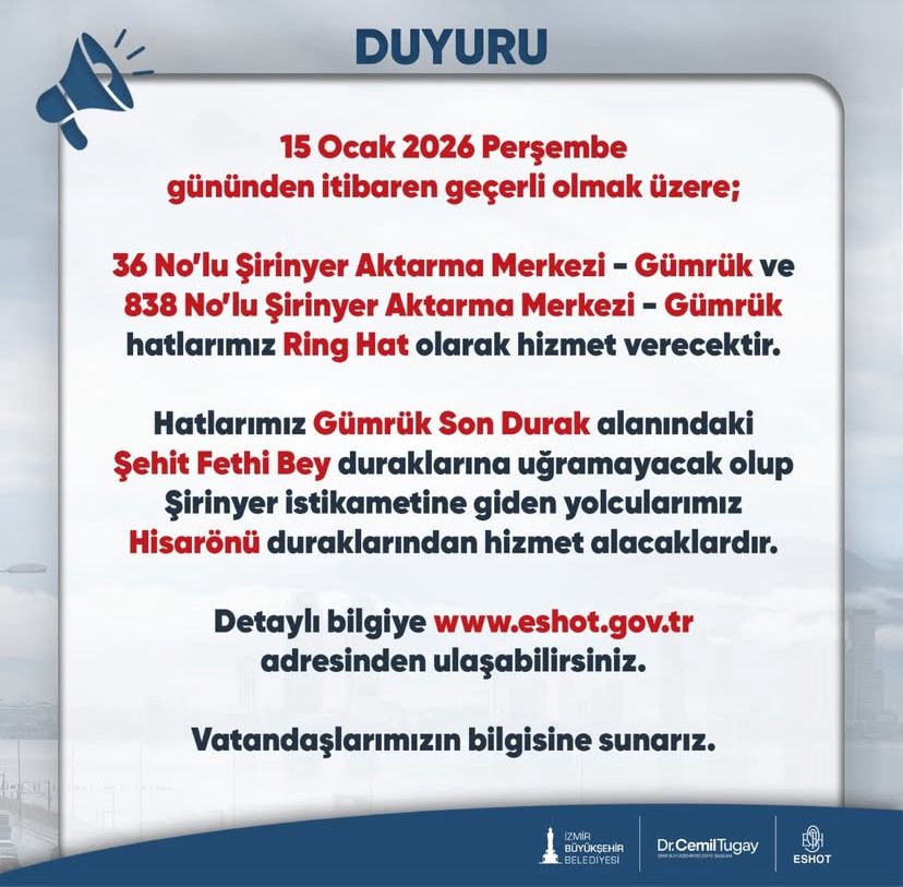 Eshot Duyurdu15 Ocak’ta Değişiyor!