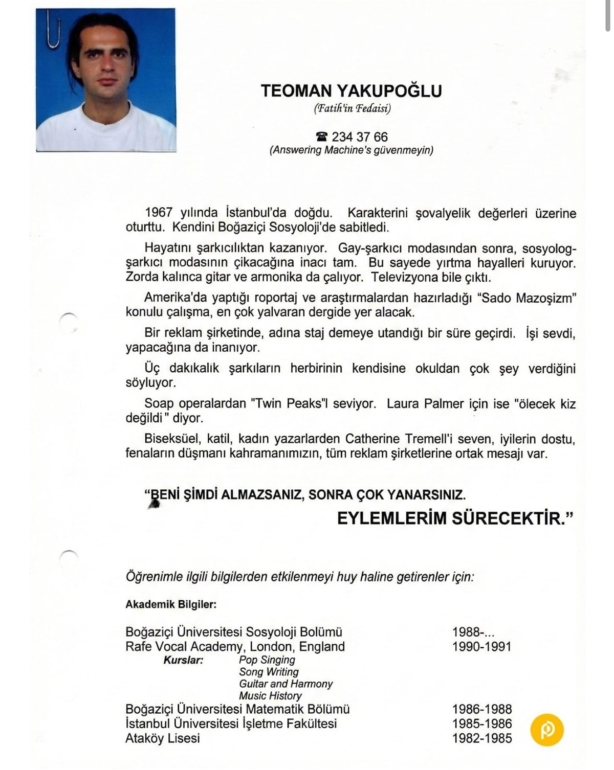 Teoman’ın Ünlü Olmadan Önceki Cv’si Ortaya Çıktı! (1)