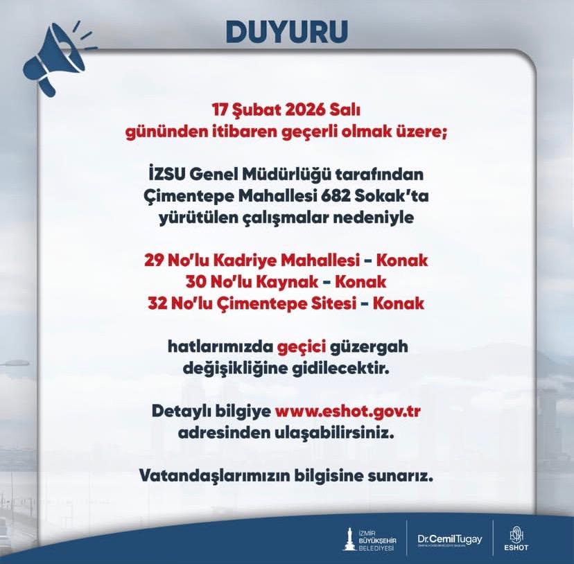 Konak’ta Üç Otobüs Hattında Geçici Güzergah Değişikliği