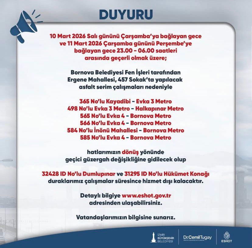 Eshot, Bornova’da Yapılacak Asfalt Çalışmaları Nedeniyle Bazı Otobüs Hatlarının Güzergâhında Geçici Değişikliğe Gidileceğini Duyurdu. Çalışmalar Sırasında Iki Durak Ise Geçici Olarak Hizmet Dışı Kalacak.