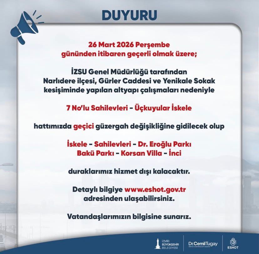 İzmir’de 7 Numaralı Otobüs Hattı Bazı Duraklardan Geçmeyecek