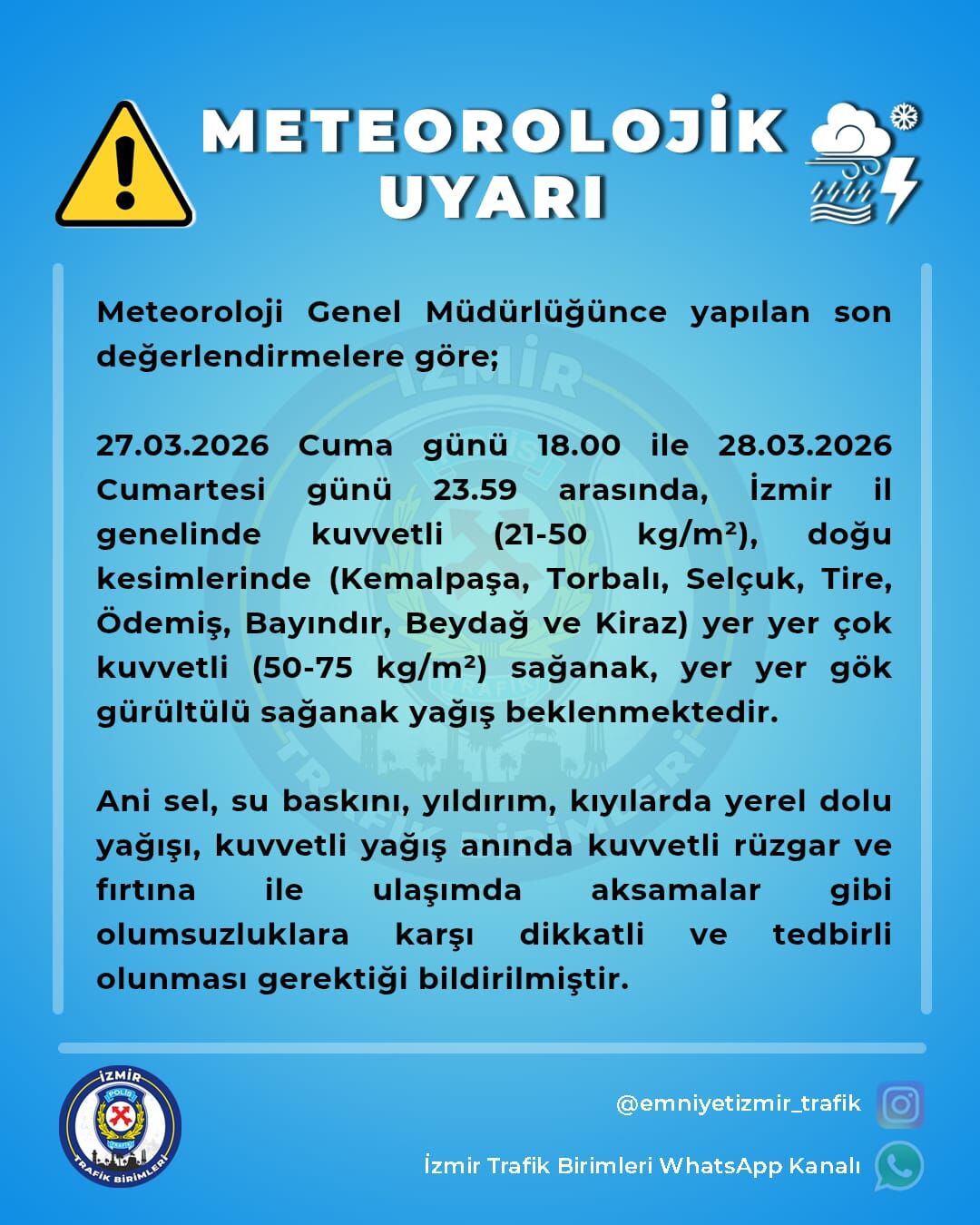 İzmir için kuvvetli sağanak yağış uyarısı yapıldı.