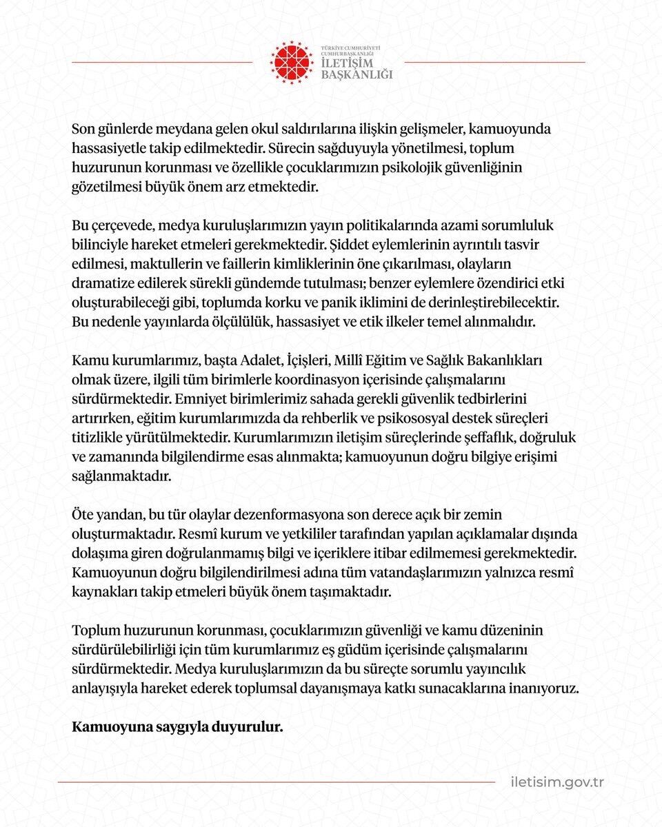 İletişim Başkanlığı'ndan Okul Saldırılarına Ilişkin Açıklama