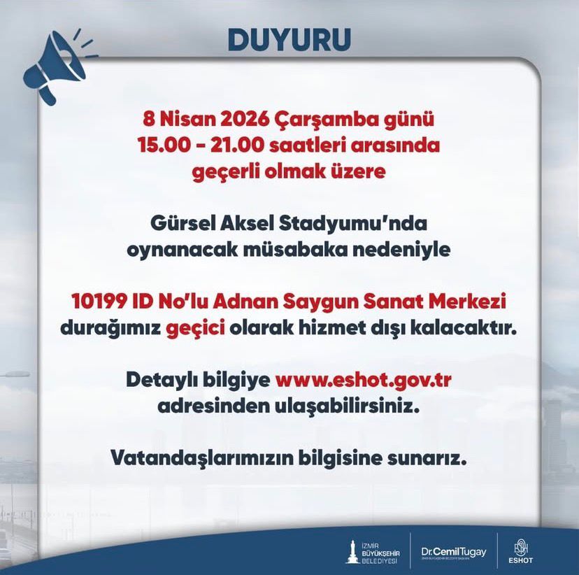İzmir’de 8 Nisan Çarşamba Günü Oynanacak Karşılaşma Nedeniyle Toplu Ulaşımda Geçici Bir Düzenlemeye Gidiliyor.