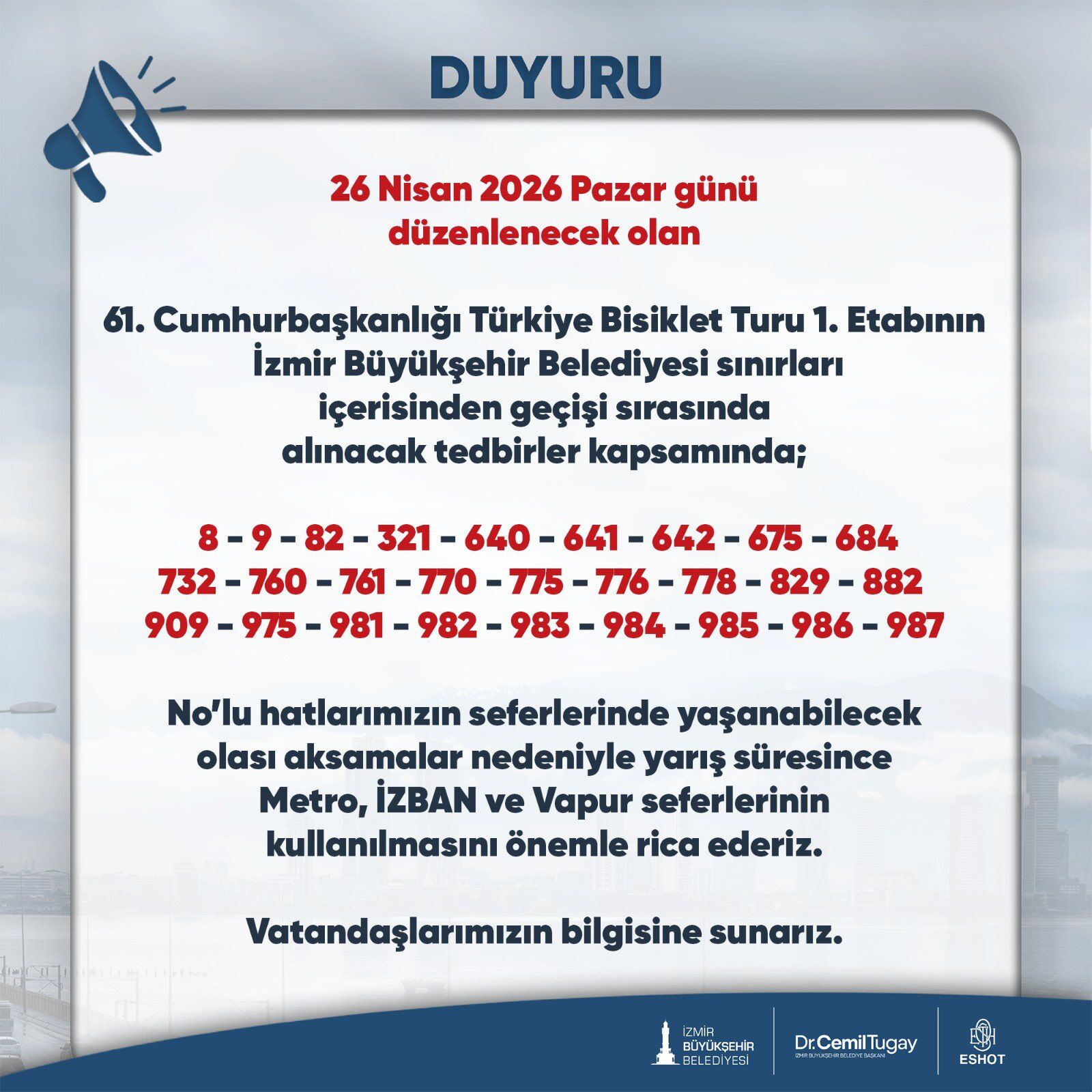 İzmir’de Toplu Ulaşımda Bisiklet Turu Düzenlemesi Eshot Hatları Etkilenecek (1)