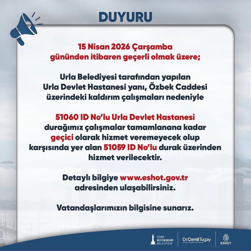 İzmir Büyükşehir Belediyesi bünyesinde hizmet veren ESHOT Genel Müdürlüğü, Urla ilçesindeki yol ve kaldırım çalışmaları nedeniyle toplu taşıma güzergahında geçici bir düzenlemeye gidildiğini duyurdu.