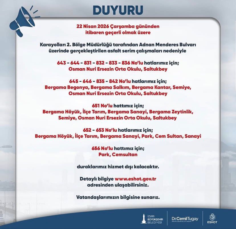 22 Nisan 2026 Çarşamba gününden itibaren geçerli olan düzenleme kapsamında, çalışma süresince belirli duraklar hizmet dışı kalacaktır.  Hizmet dışı kalacak duraklar ve etkilenen hatlar  Yapılan açıklamaya göre hat bazında kullanılmayacak duraklar şu şekil