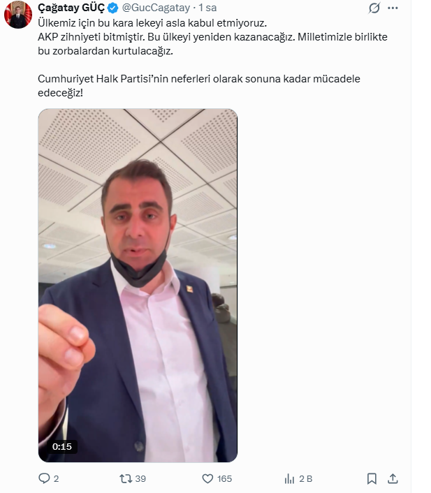 Cumhuriyet Halk Partisi (CHP) üyesi Çağatay Güç, sosyal medya hesabı üzerinden yayınladığı videolu bir mesajla mevcut siyasi iklime ve iktidar partisine yönelik sert eleştirilerde bulundu.