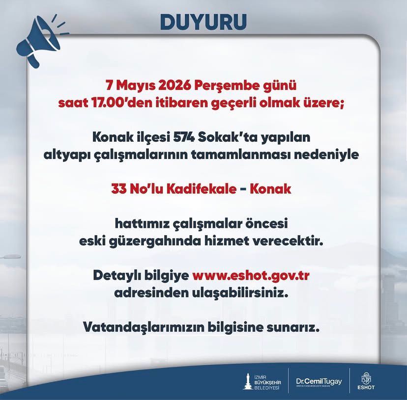 İzmir Büyükşehir Belediyesi bünyesinde hizmet veren ESHOT Genel Müdürlüğü, Konak ilçesinde devam eden altyapı çalışmalarının tamamlandığını duyurdu. Bu gelişmeyle birlikte, bölgedeki ulaşım düzeni normale dönüyor.