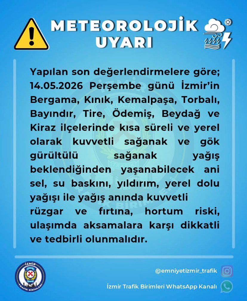 İzmir Emniyet Müdürlüğü Trafik Birimleri, yarın için kentin özellikle iç ve kuzey ilçelerini kapsayan ciddi bir hava durumu uyarısı yayımladı.