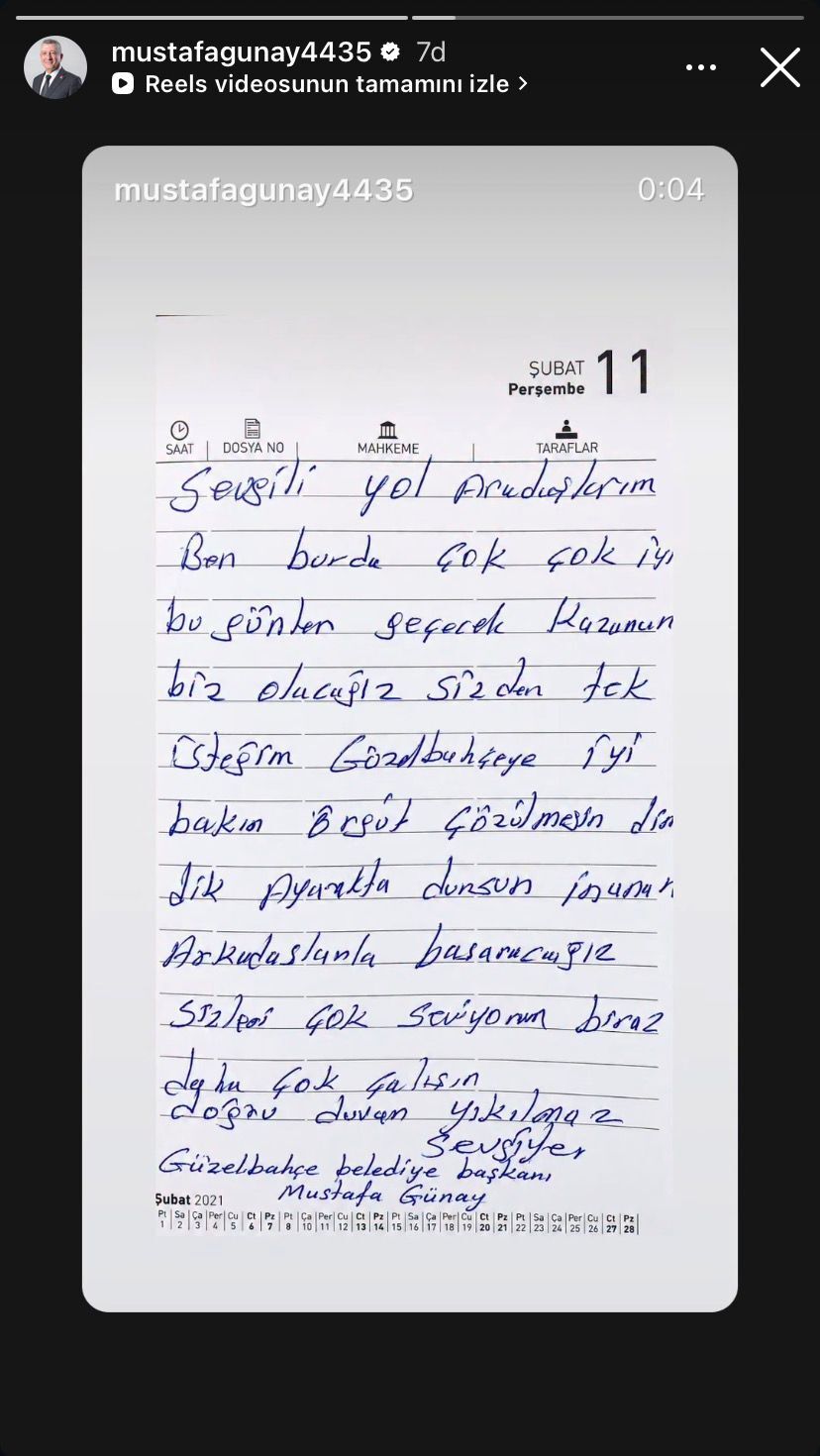 Güzelbahçe Belediye Başkanı Mustafa Günay, sosyal medya hesabı üzerinden el yazısıyla kaleme alınmış duygu yüklü bir mektup paylaştı.