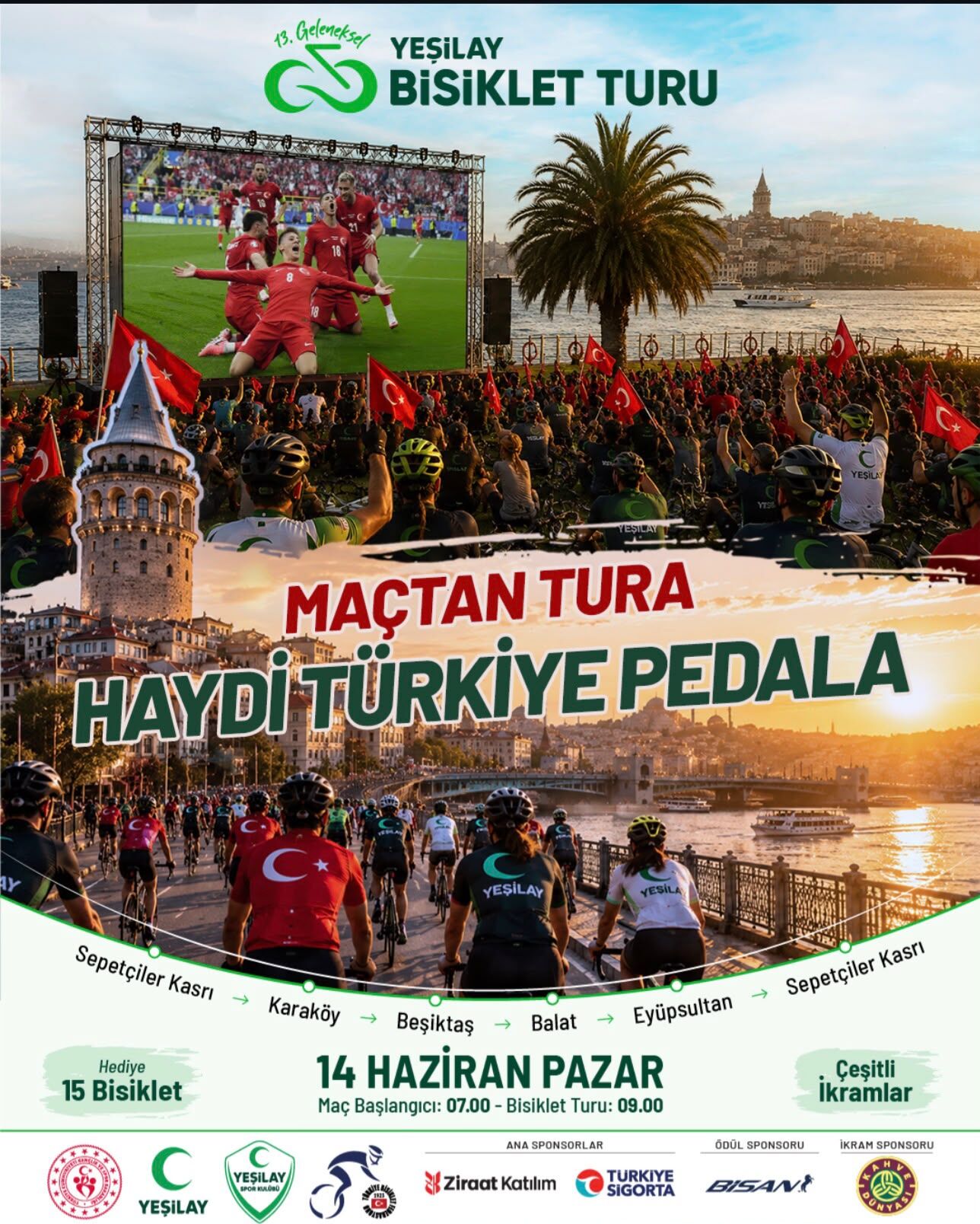 13’üncü Geleneksel Yeşilay Bisiklet Turu, 14 Haziran 2026 Pazar günü Türkiye genelinde eş zamanlı olarak düzenlenecek. Etkinlikte binlerce bisikletsever sağlıklı yaşam için pedal çevirecek.