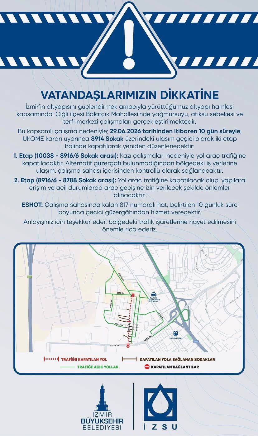 Çiğli Balatçık’ta Büyük Altyapı Çalışması 8914 Sokak Trafiğe Kapatılıyor!