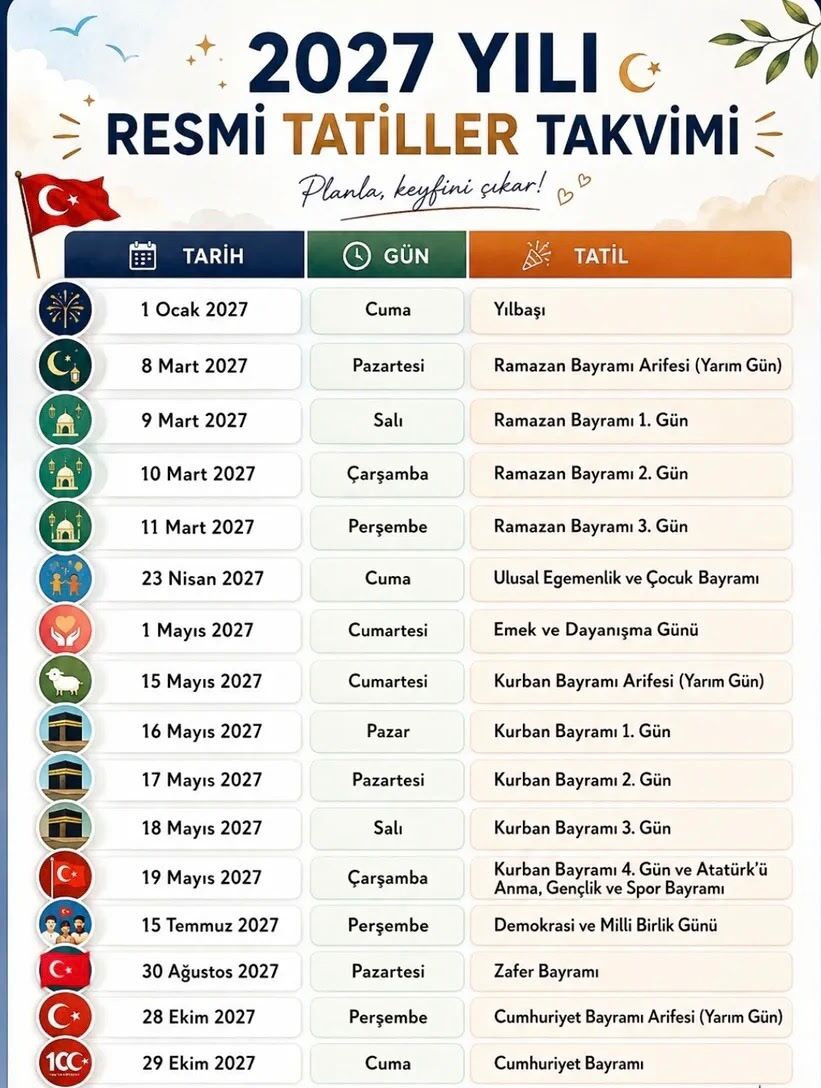 2027 resmi tatil takvimi belli oldu!