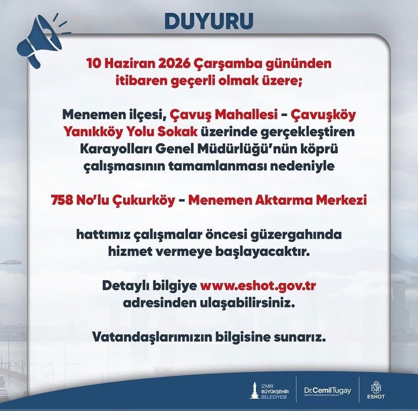 İzmir Büyükşehir Belediyesi Genel Müdürlüğü (ESHOT), Menemen ilçesinde toplu taşıma kullanan vatandaşları yakından ilgilendiren önemli bir duyuru yayımladı.