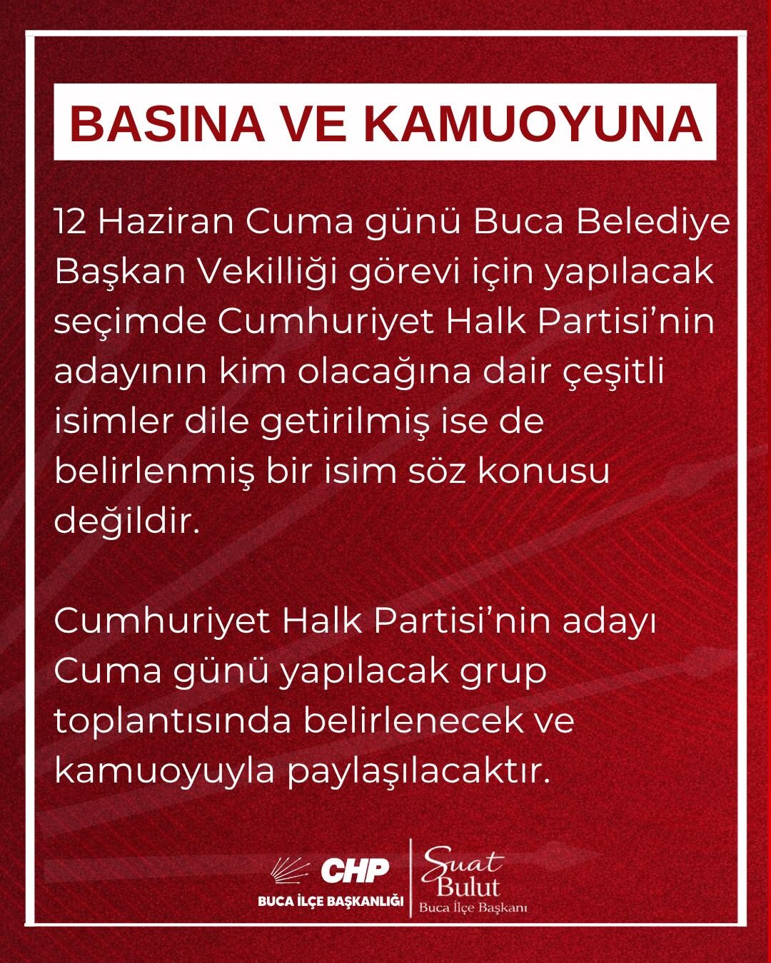 Buca Belediye Başkan Vekilliği seçimi öncesinde kamuoyunda ve siyasi kulislerde gündeme gelen adaylık tartışmalarına ilişkin Cumhuriyet Halk Partisi (CHP) Buca İlçe Başkanlığı'ndan açıklama geldi.