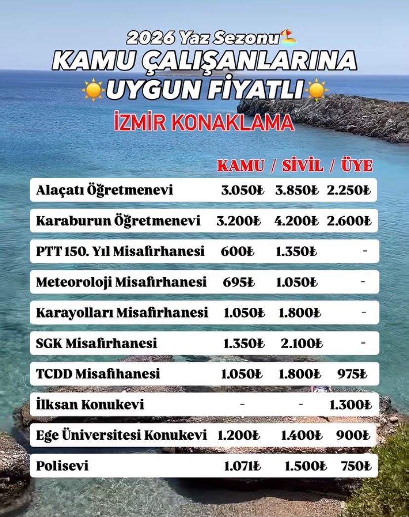 İzmir'de kamu çalışanlarına müjde: 2026 yaz sezonu konaklama fiyatları belli oldu!