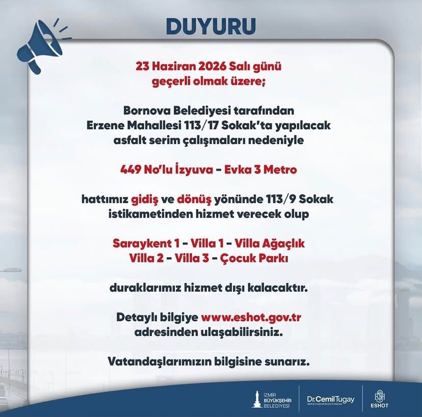 İzmir Büyükşehir Belediyesi ESHOT Genel Müdürlüğü, Bornova ilçesinde gerçekleştirilecek yol çalışmaları nedeniyle geçici bir güzergah değişikliğine gidileceğini duyurdu.