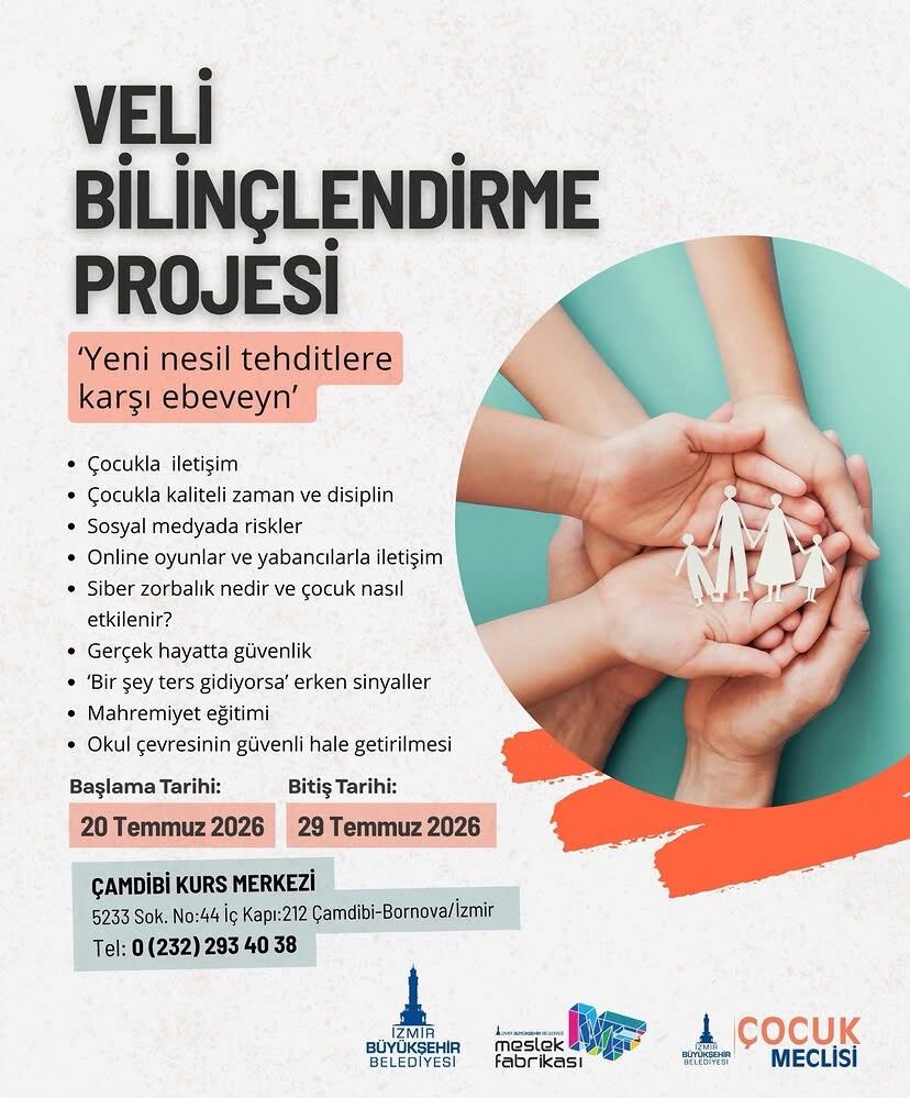 İzmir Büyükşehir Belediyesi, Meslek Fabrikası ve İzmir Büyükşehir Belediyesi Çocuk Meclisi iş birliğiyle, dijitalleşen dünyada ebeveynlerin çocuklarını korumalarına destek olmak amacıyla kapsamlı bir eğitim programı başlatılıyor.