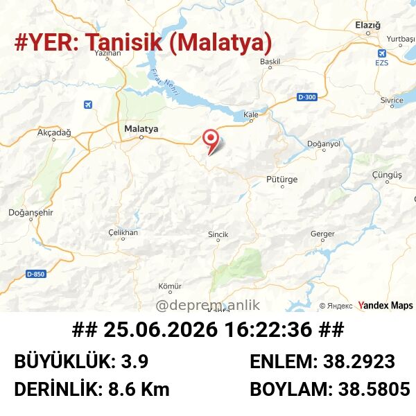 Tanışık merkezli 3.9 büyüklüğünde sarsıntı