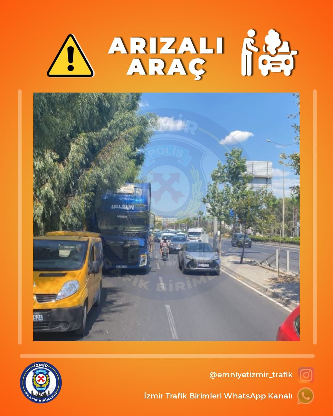 İzmir Trafik Birimleri, Ankara Caddesi yan yol merkez istikametinde arızalı bir araç nedeniyle trafik yoğunluğu yaşandığını duyurarak sürücüleri uyardı.
