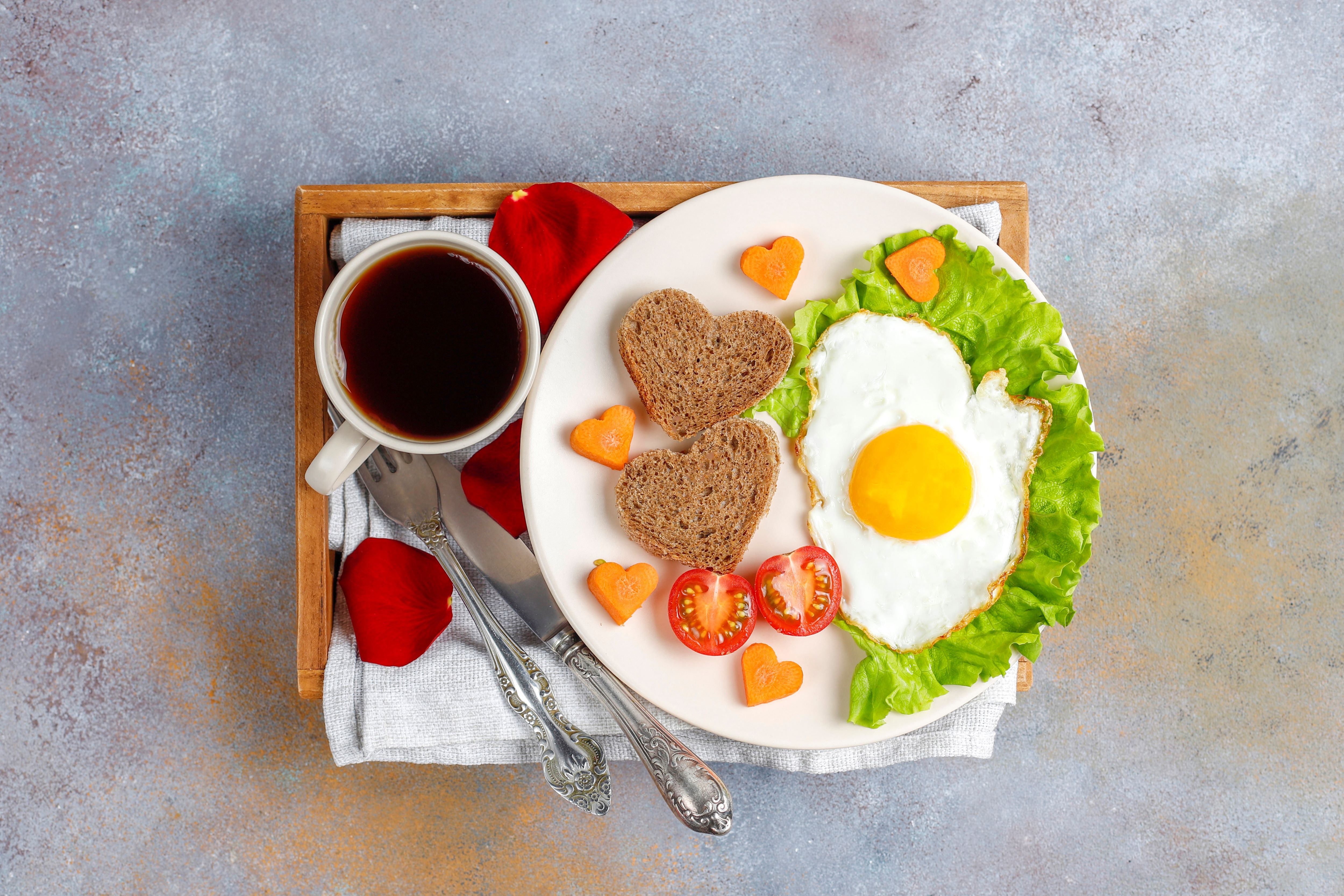 1788775715 Breakfast Valentine S Day Fried Eggs Bread Shape Heart Fresh Vegetables