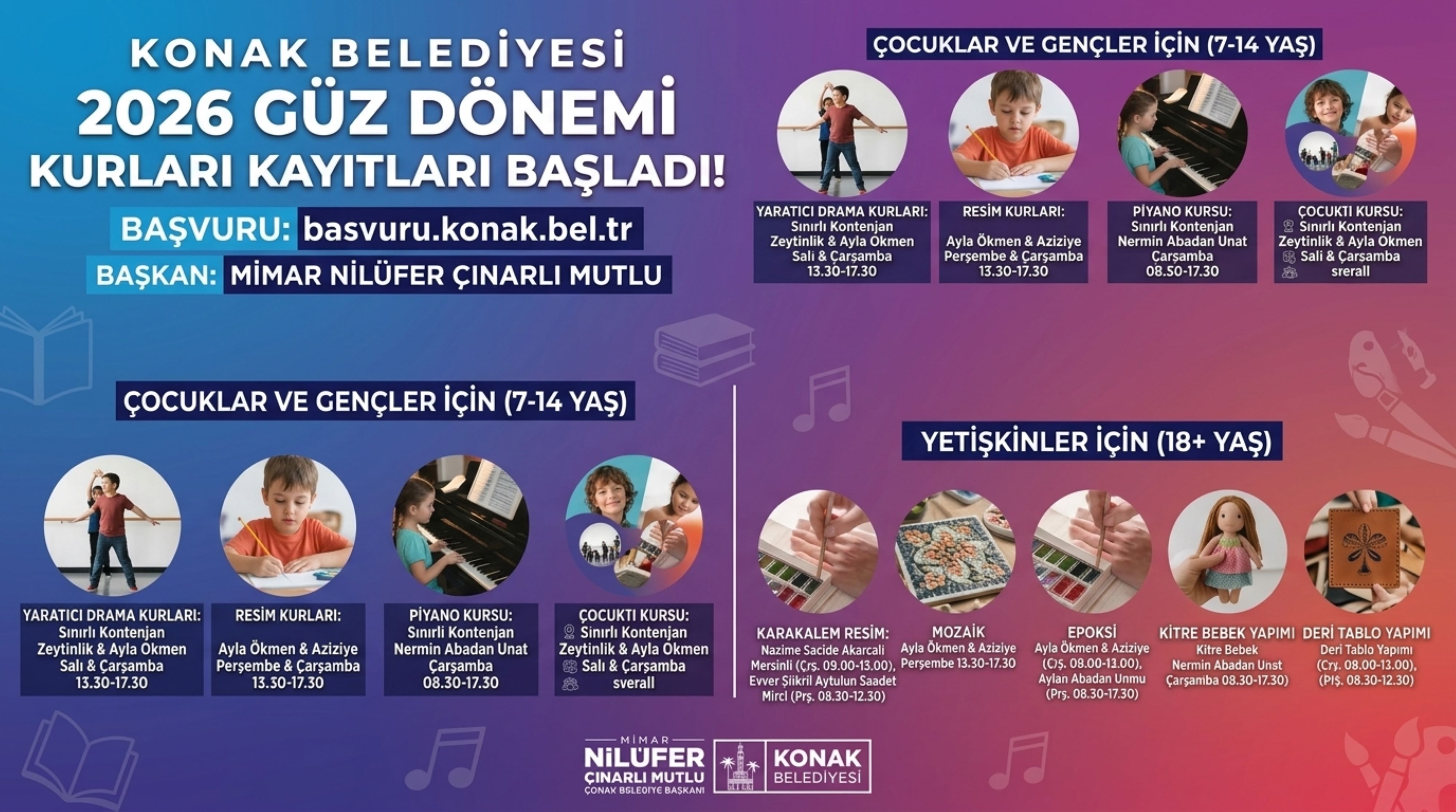 Konak Belediyesi, 2026 Güz Dönemi Semt Merkezleri hobi ve sanat kursları kapsamında farklı yaş gruplarına yönelik eğitim programlarını açıkladı.