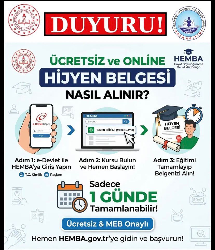 Milli Eğitim Bakanlığı Hayat Boyu Öğrenme Genel Müdürlüğü (HEMBA) ve Halk Eğitimi iş birliğiyle, iş hayatında ve günlük yaşamda büyük önem taşıyan MEB Onaylı Hijyen Belgesi artık tamamen ücretsiz ve online olarak sunuluyor.