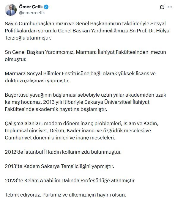 Ak Parti’de Sosyal Politikalar Görevine Hülya Terzioğlu Atandı