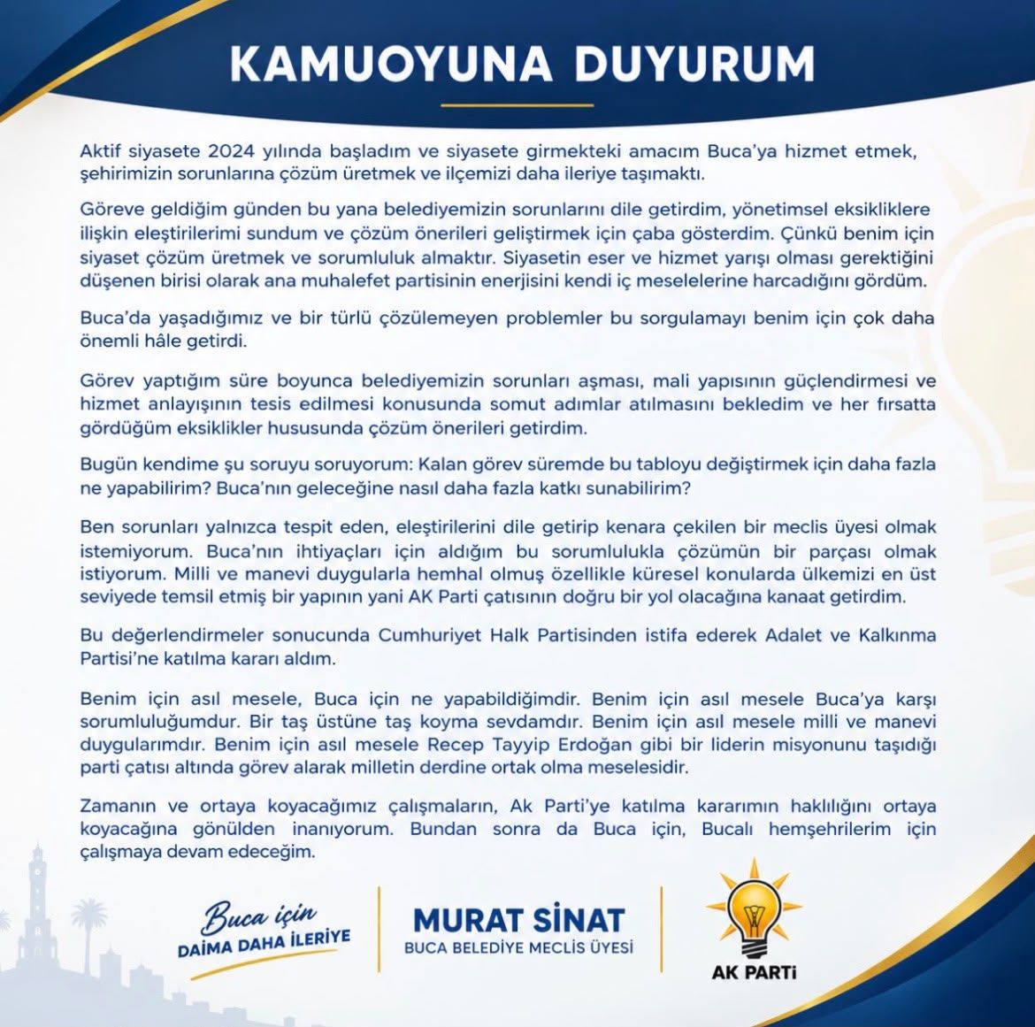 Buca Belediye Meclis Üyesi Murat Sinat Ak Parti’ye Katıldı