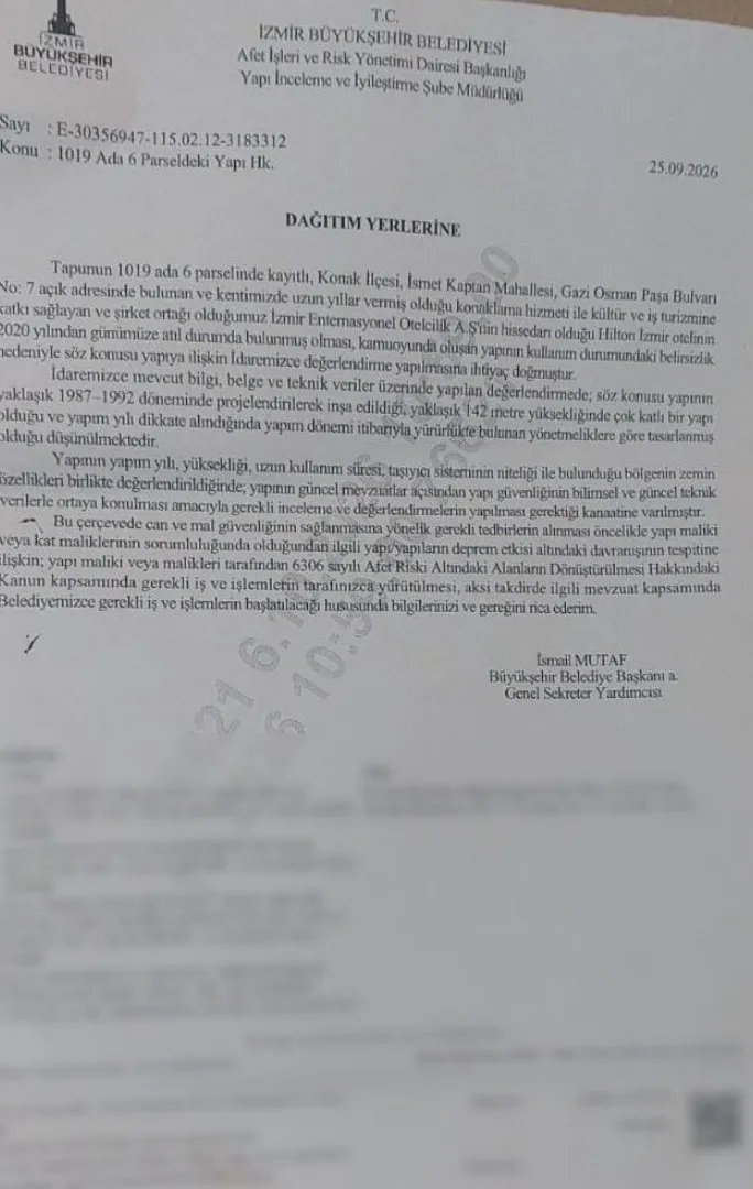 Spot: İzmir Büyükşehir Belediyesi, atıl durumdaki eski Hilton binası için deprem güvenliği incelemesi istedi.
