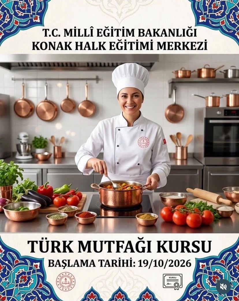 İzmir Konak Halk Eğitimi Merkezi, geleneksel Türk mutfağının lezzetlerini öğrenmek ve mutfak becerilerini geliştirmek isteyenler için Türk Mutfağı Kursu açıyor.
